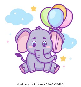 Cute baby elephant holding balloons , vector illustration