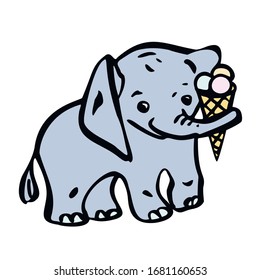 Cute baby elephant is holding an ice cream cone. Vector illustration in cartoon style. Isolated on a white background.