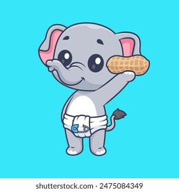 Cute Baby Elephant Holding Peanut Cartoon Vector Icon Illustration. Animal Food Icon Concept Isolated Premium Vector. Flat Cartoon Style