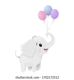 Cute baby elephant holds balloons. Vector illustration for children. Design for print of clothes, books for children, cards, covers and fabric.