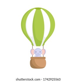 Cute baby elephant in the hot air balloon. Graphic element for childrens book, album, scrapbook, postcard, invitation, mobile game. Flat vector stock illustration isolated on white background.