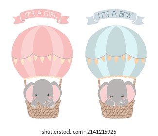 Cute baby elephant in a hot air balloon on white background. Hand drawn vector illustration. It is a boy, it is a girl card with little sleeping elephant.