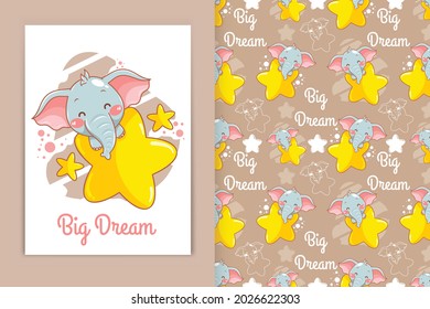 cute baby elephant hugging little star cartoon illustration and seamless pattern set
