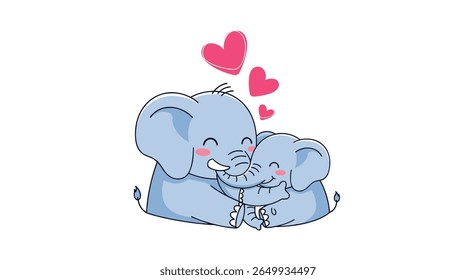 Cute baby elephant hugs mama elephant surrounded by pink hearts tender family love
