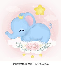 cute baby elephant illustration, animal clip-art, baby shower decoration, watercolor illustration.