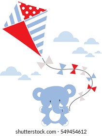 cute baby elephant with kite and clouds isolated on white background