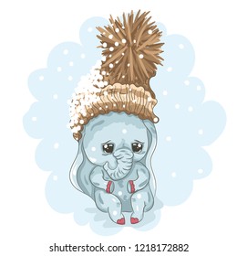 Cute baby elephant in knitted hat cartoon hand drawn vector illustration. Can be used for baby t-shirt print, fashion print design, children wear, baby shower celebration, greeting and invitation card