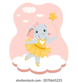 Cute baby elephant. Little girl animal with trunk catches balloon in form of star. Character in yellow tutu and pointe shoes. Design element for children clothing. Cartoon flat vector illustration