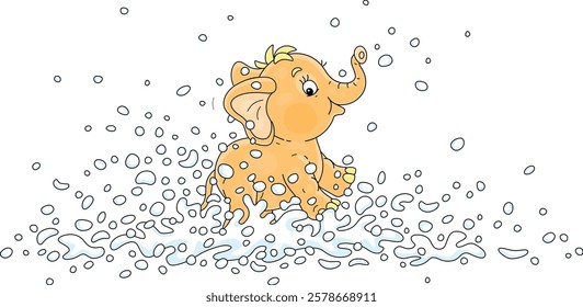 Cute baby elephant merrily playing and splashing in water, vector cartoon illustration on a white background