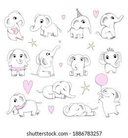 Cute baby elephant. Newborn animals sitting and playing neoteric vector elephants collection