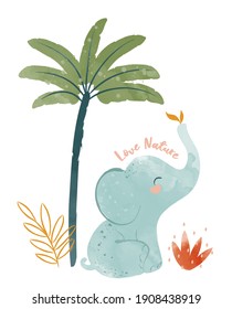 Cute Baby Elephant Nursery Animal Isolated Illustration For Children. Bohemian Watercolor Boho Forest Elephant Drawing, Vector Illustration. Perfect For Nursery Posters, Patterns, Wallpapers.