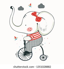 cute baby elephant on bicycle.cartoon hand drawn vector illustration. Can be used for baby t-shirt print, fashion print design, kids wear, baby shower celebration greeting and invitation card.