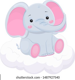 Cute baby elephant on cloud. Design element for baby shower card, scrapbooking, invitation, nursery, poster. Isolated on white background. Vector illusrtation