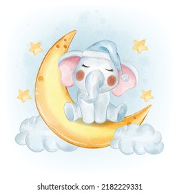 Cute Baby Elephant On The Crescent Moon Watercolor