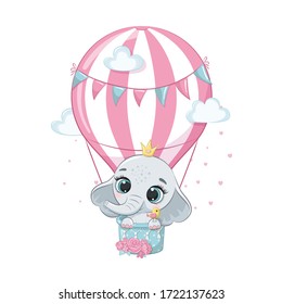 Cute baby elephant on a hot air balloon. Vector illustration for baby shower, greeting card, party invitation, fashion clothes t-shirt print.