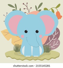 cute baby elephant on leaves background illustration