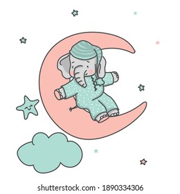 Cute baby elephant on the moon among the stars, vector illustration.