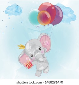 cute baby elephant painted with watercolor.watercolor elephant on a balloon, watercolor drawing, watercolor.