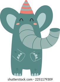 Cute baby elephant in party hat. Scandinavian animal