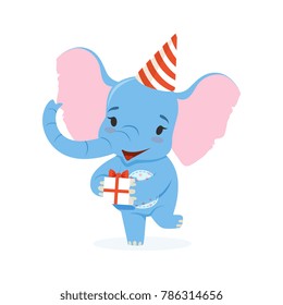 Cute baby elephant in a party hat holding gift box, happy funny jungle animal character vector Illustration