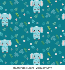 Cute Baby Elephant Pattern with Leaves and Flowers on Teal Background