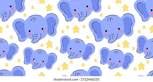 Patrón lindo del elefante del bebé con los elefantes azules sonrientes con las mejillas rosadas y las estrellas amarillas Pequeñas en el fondo blanco en estilo juguetón y amistoso del vivero. Perfecto para los textiles de los niños, ropa del bebé