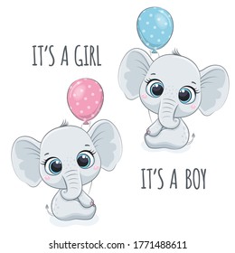 Cute baby elephant with phrase "It's a boy" and "It's a girl"