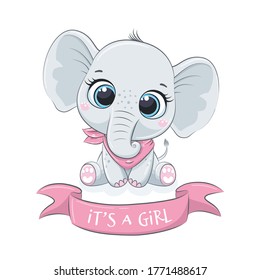 Cute baby elephant with phrase "It's a girl"