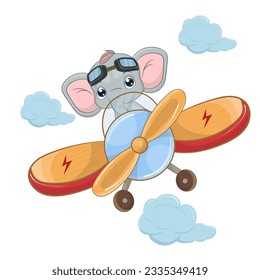 Cute baby elephant pilot on a plane in the sky. Children's illustration with a baby elephant Perfect illustration for t-shirt wear, nursery print designs, greeting card, baby shower, party invitation 