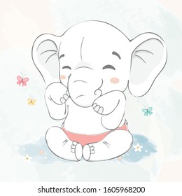 Cute baby elephant play with butterfly water color cartoon hand drawn vecter illustration. Use for Happy birthday invitation card, T-shirt print, baby shower.