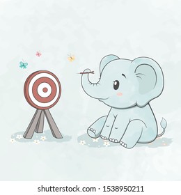 Cute baby elephant play darts water color cartoon hand drawn vecter illustration. Use for Happy birthday invitation card, T-shirt print, baby shower.