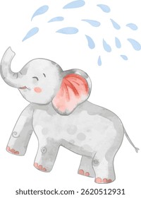 Cute baby elephant play water in watercolor style, suited for baby shower decoration