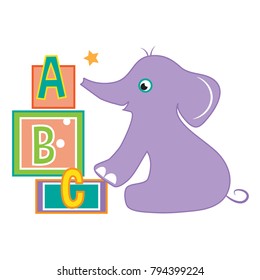 Cute baby elephant playing with blocks. Vector illustration. Can be used for logo design, t shirt print, greeting and invitation card.