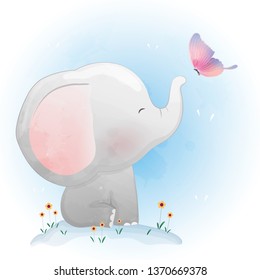 Cute Baby Elephant  Playing with butterfly
