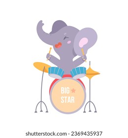 Cute baby elephant playing drums vector illustration. Cartoon isolated happy drummer musician holding sticks to play jazz or rock music rhythm in jungle, little adorable animal musician with trunk