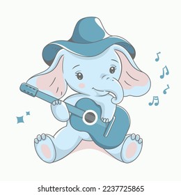 cute baby elephant playing guitar vector illustration