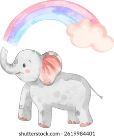 Cute baby elephant playing with rainbow. Watercolor animal illustration for baby room decoration, nursery, and baby shower project.