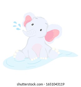 Cute baby elephant playing in the water Hand drawn cartoon vector material