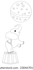 cute baby elephant plays with a big ball in the circus. Coloring book page template for children. Vector illustration EPS 10.