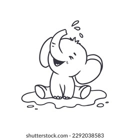 Cute baby elephant poured water from his  trunk. Coloring book.Doodle style. Kids vector illustration. 