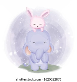 cute baby elephant and rabbit