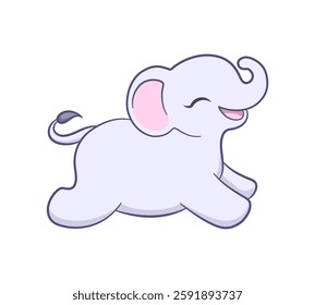 Cute baby elephant running cartoon illustration. Animal mammal with big ears and trunk clipart for kids.