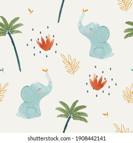 Cute baby elephant seamless pattern illustration for children  Bohemian watercolor boho forest elephant drawing  vector illustration  Perfect for nursery posters  patterns  wallpapers 