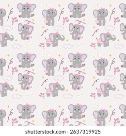 Cute baby elephant seamless vector pattern in soft pastel tones. Hand‑drawn cartoon elephants, stars and clouds create a gentle, playful mood—ideal for nursery wallpaper, baby‑shower invitations.