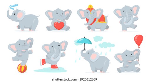 Un juego de elefantes para bebés. Caricatura divertida, personaje animal salpicando agua, sosteniendo el corazón rojo, patinando, bailando sobre la pelota, caminando bajo la lluvia. Ilustración vectorial para trucos de circo, concepto de la India