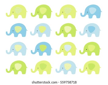 Cute baby elephant set. Vector elephants with patterned ears. Blue and Green.