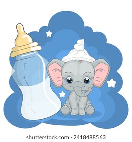 Cute baby elephant, baby shower vector illustration. Cartoon style character. Happy baby elephant, Perfect illustration for t-shirt wear fashion print design, greeting card, party invitation