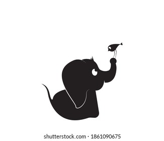 Cute baby elephant silhouette with a bird on his trunk illustration, vector. Cartoon character. Childish wall art, wall decals, artwork, poster design. Elephant silhouette isolated on white background