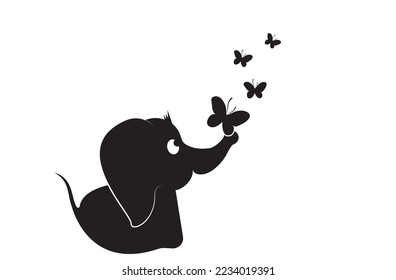 Cute baby elephant silhouette with butterflies on his trunk illustration, vector. Cartoon character. Childish wall art, wall decals. Elephant silhouette isolated on white background