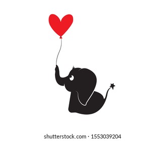 Cute baby elephant silhouette holding heart balloon illustration, minimalist poster design, minimalist background, wall decals, wall artwork, cute elephant illustration